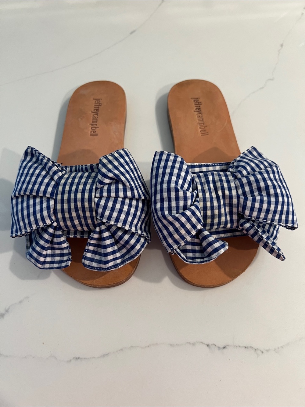 Jeffrey Campbell Navy and White Gingham Bow Slide Sandals